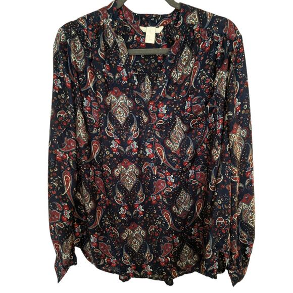 H&M Womens 12 Multicolor Blouse Paisley Red Blue White Button Up V Neck - Picture 1 of 13